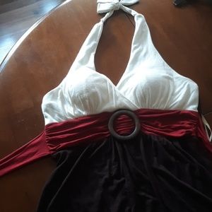 White, red, and brown halter top